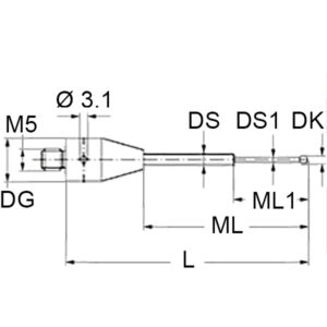 Kulka rubinowa M5 o śr. 1 mm, trzon z węglika wolframu, dł. 30 mm, długość pomiarowa 20,0/5,0 mm, do zastosowań Zeiss